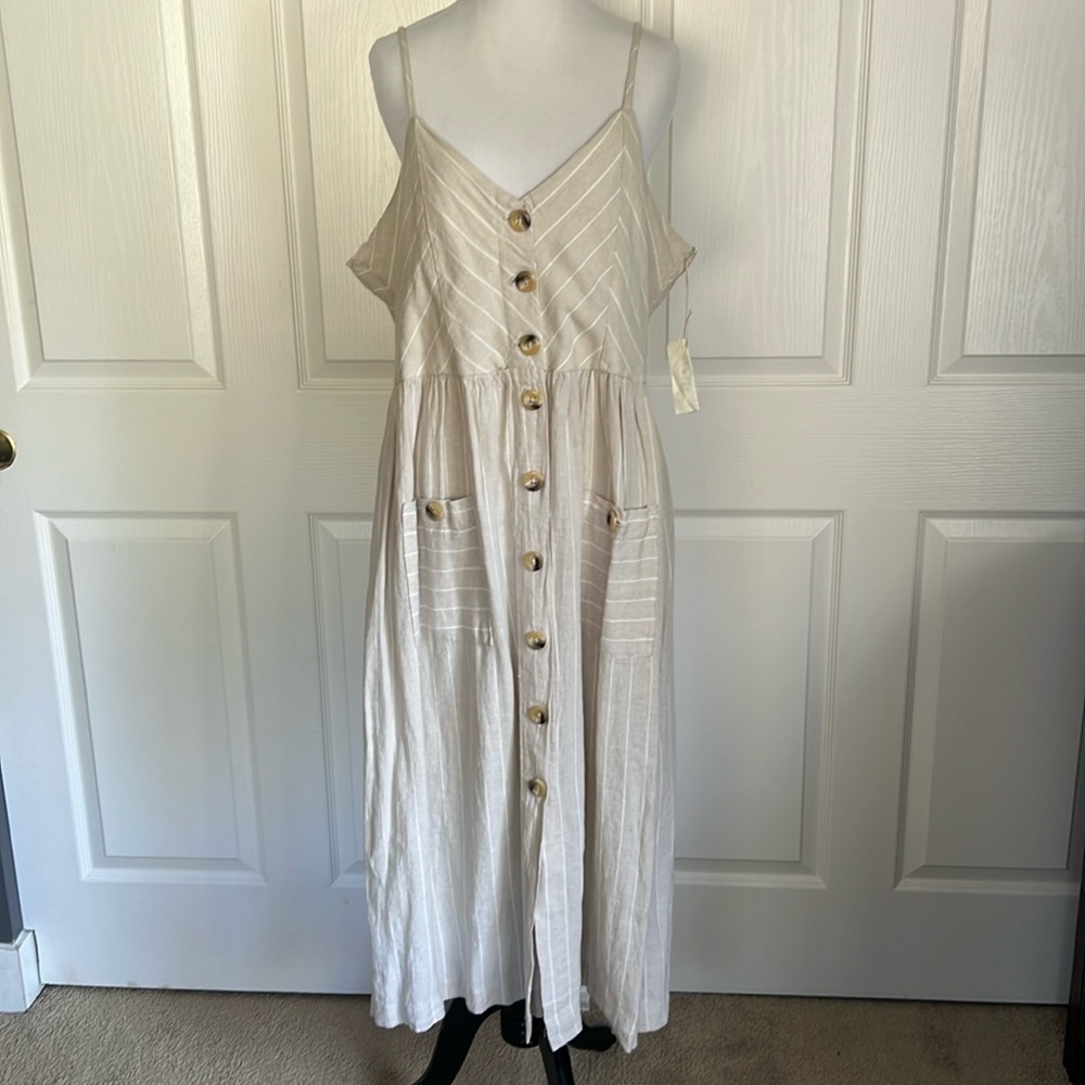 NWT Indigo Rein Linen Blend Striped Tan and Off White Dress Juniors Sz XL